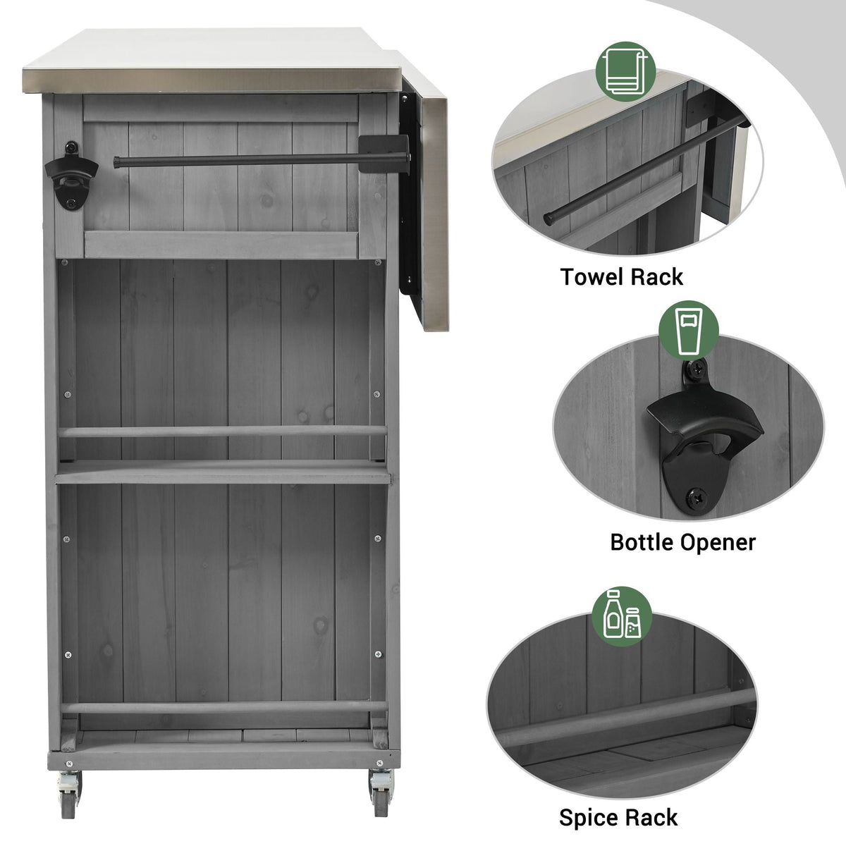 Outdoor Kitchen Island With Stainless Steel Top, Ample Storage Space, Towel And Spice Racks And A Bottle Opener