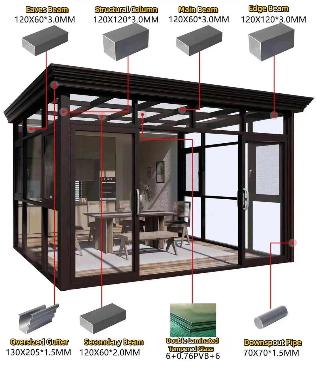 Windproof Aluminum Sunroom Full Thermally Insulated Glass