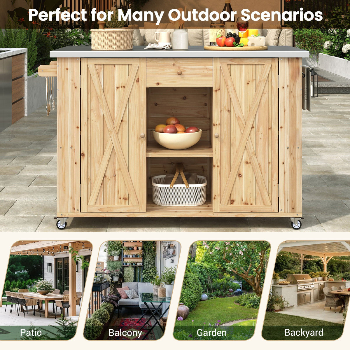 Outdoor Kitchen Island With Stainless Steel Top, Ample Storage Space, Towel And Spice Racks And A Bottle Opener